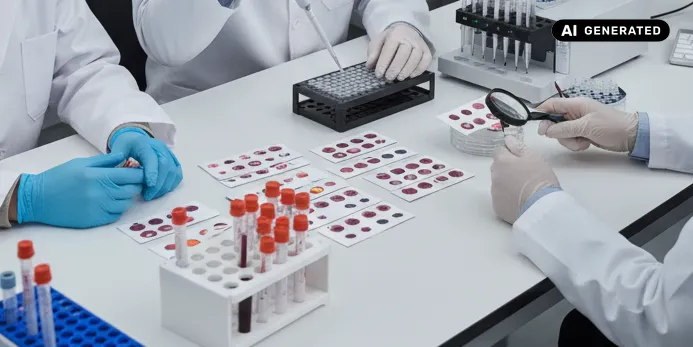 AI-generated image: Ai generated image shows people in a laboratory examining dried blood spots