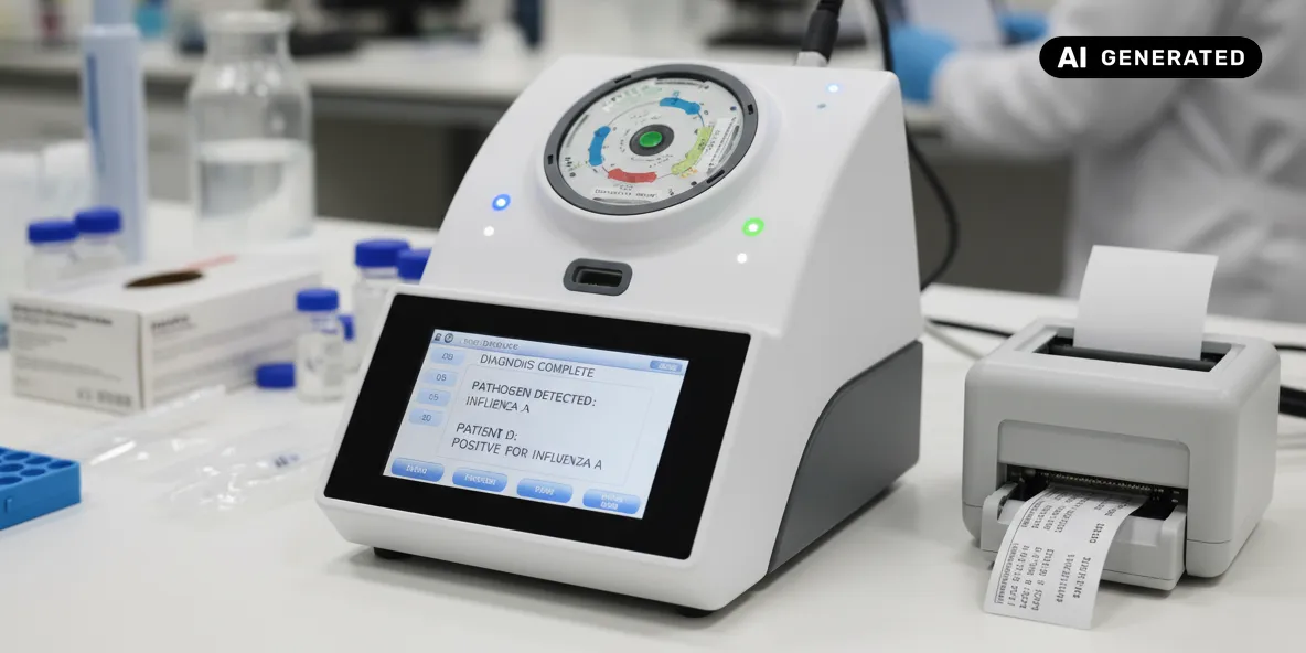 AI-generated image: AI generated image representing laboratory equipment processing samples and printing the results