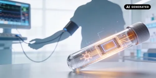 AI-generated image: Ai generated image shows an individual with an arm cuff on a monitor behind a test tube with a glowing computer chip inside