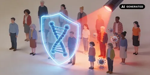 AI-generated image: Image shows a group of people with come virus, and a spotlight on a DNA molecule