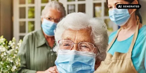 AI-generated image: AI generated image showing two elderly women and a carer wearing medical masks outside in a garden