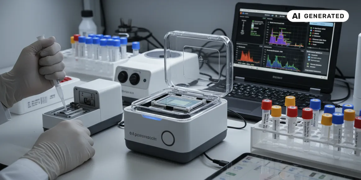 AI-generated image: AI generated image showing laboratory equipment on a laboratory bench, including someone pipetting a substance and a laptop doing an analysis